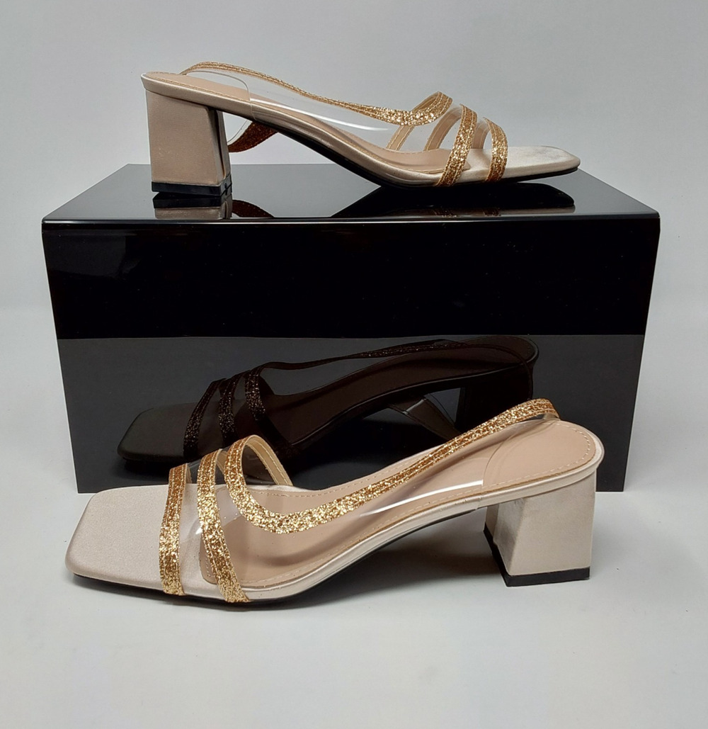 Womens EU 40/US 9-9.5 Gold Glitter Clear Strap Block Heel Sandals Square Toe